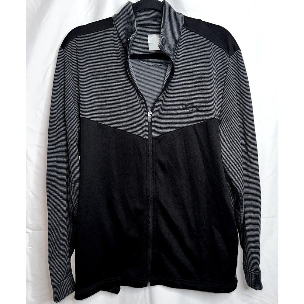 Callaway Mens Size Medium Black Gray Striped 1/4 Zip Opti Dri Pullover Jacket